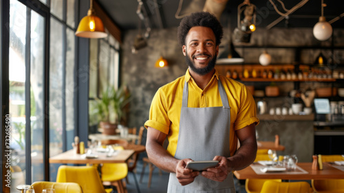 Fototapeta Naklejka Na Ścianę i Meble -  smiling man with an apron is standing in a modern cafe holding a tablet.