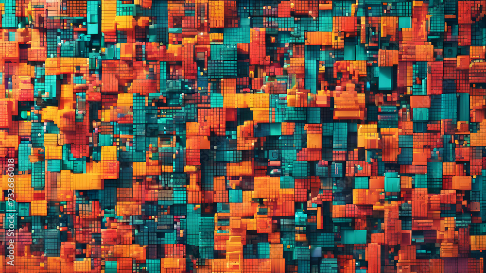 Fototapeta premium Explore the world of pixel art by designing an abstract background using pixelated patterns and vibrant, contrasting colors to create a visually striking and retro-inspired composition
