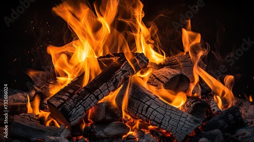Burning charcoal with fire flames with dark background, shot of camp fire and burning coal
