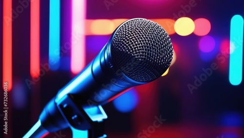 Microphone close-up  neon blue color in the background  Microphone on a blurred background of the club  a banner template for a karaoke club.