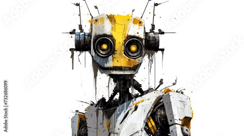 A whimsical watercolor sketch of a robot with yellow gray lines