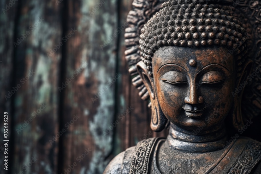 Close up buddha statue in wooden background.