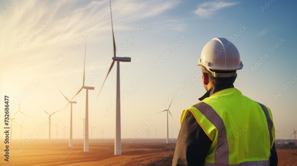 A male maintenance engineer looks at a wind farm at sunset. Electricity generation by wind turbines in nature against a blue sky background. A male maintenance engineer looks at a wind farm at sunset. Electricity generation by wind turbines in nature against a blue sky background.