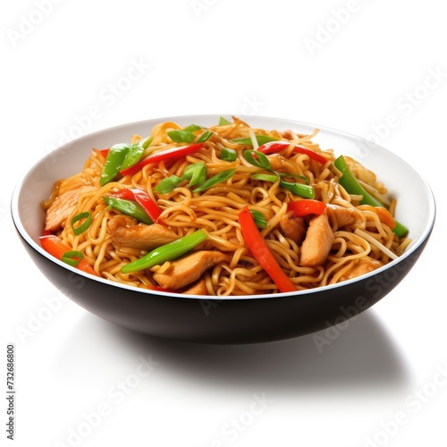 Plate of chicken chowmein isolated on white background