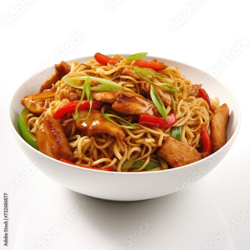 Plate of chicken chowmein isolated on white background