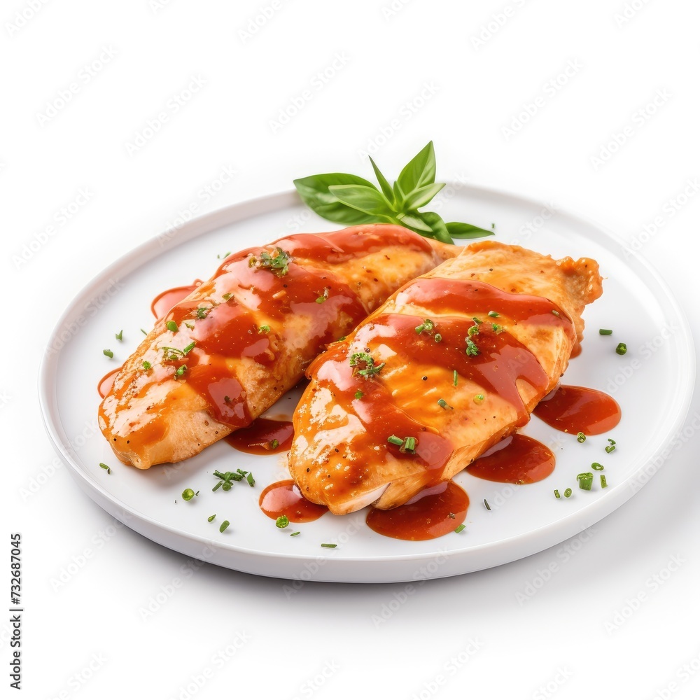 Chicken fillet with spicy sauce in a plate isolated on white background, Tasty grilled chicken fillets