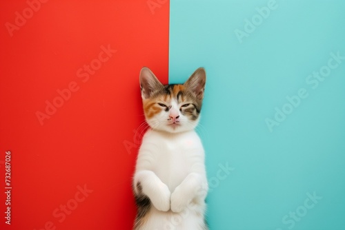 spotted cat sleeping on the blue and red background photo