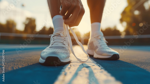 close-up view of a tennis player tying the shoelaces of a white tennis shoe on a blue court