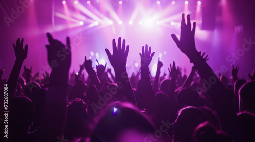 lively crowd at a concert  with hands raised in the air  silhouetted against a backdrop of vibrant stage lights  capturing the energy and excitement of a live music event.