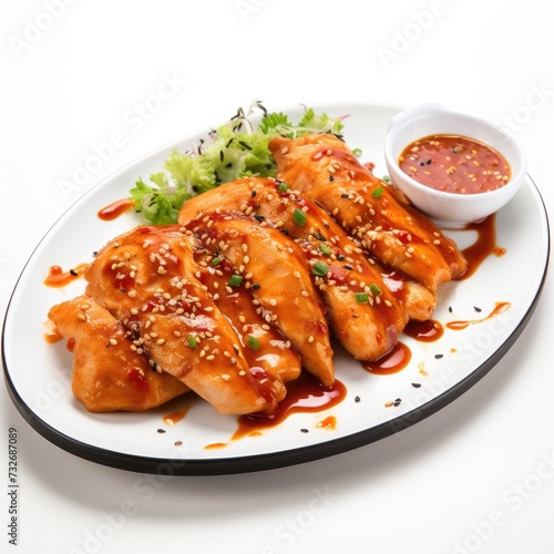 Chicken fillet with spicy sauce in a plate isolated on white background, Tasty grilled chicken fillets