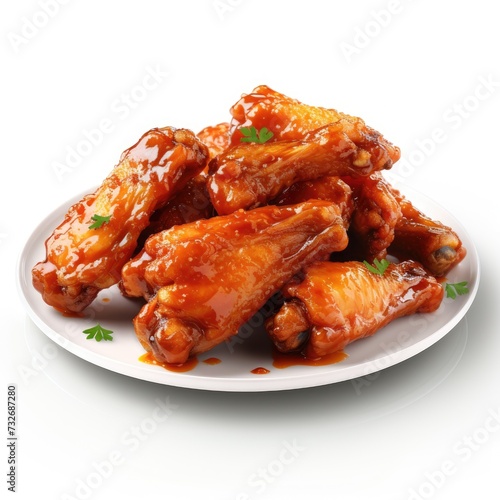 Delicious chicken honey wings in a plate isolated on white background, fried chicken wings with sweet sauce