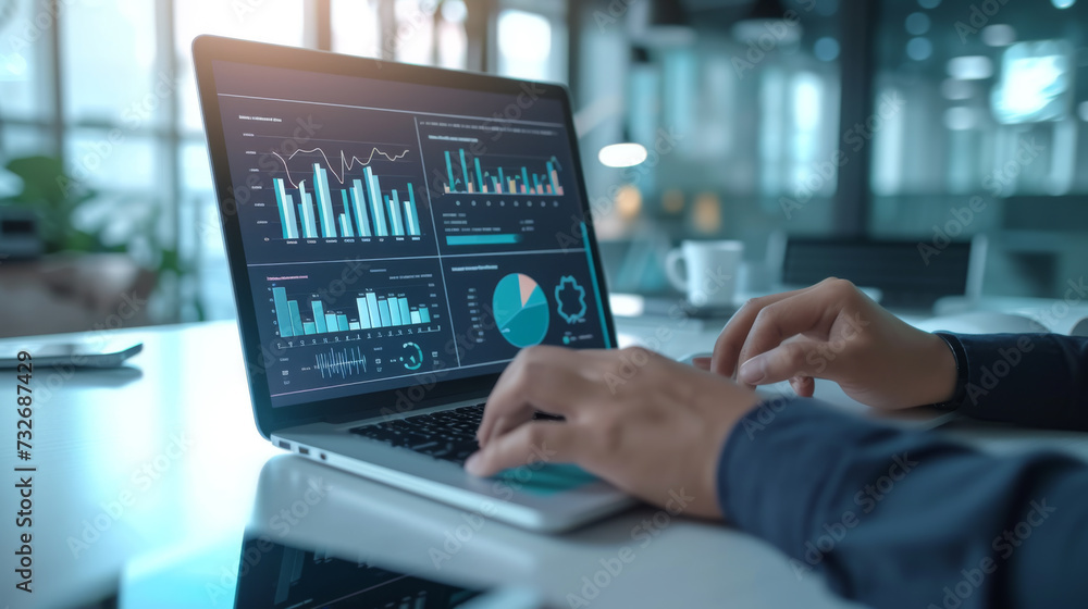 person working on a laptop which displays various colorful charts and graphs indicating some data analytics or business performance metrics. person working on a laptop which displays various colorful charts and graphs indicating some data analytics or business performance metrics.