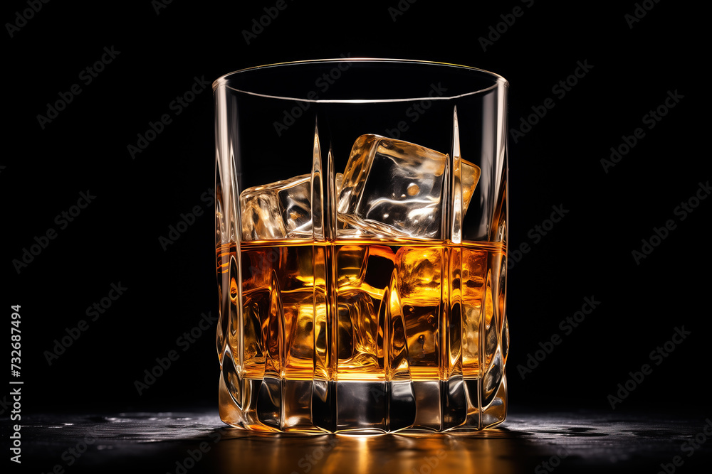 Whiskey glass with ice cubes on black background. Whiskey glass with ice cubes on black background.
