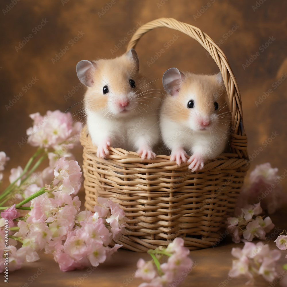 Two cute little hamsters in a basket with flowers on a wooden background