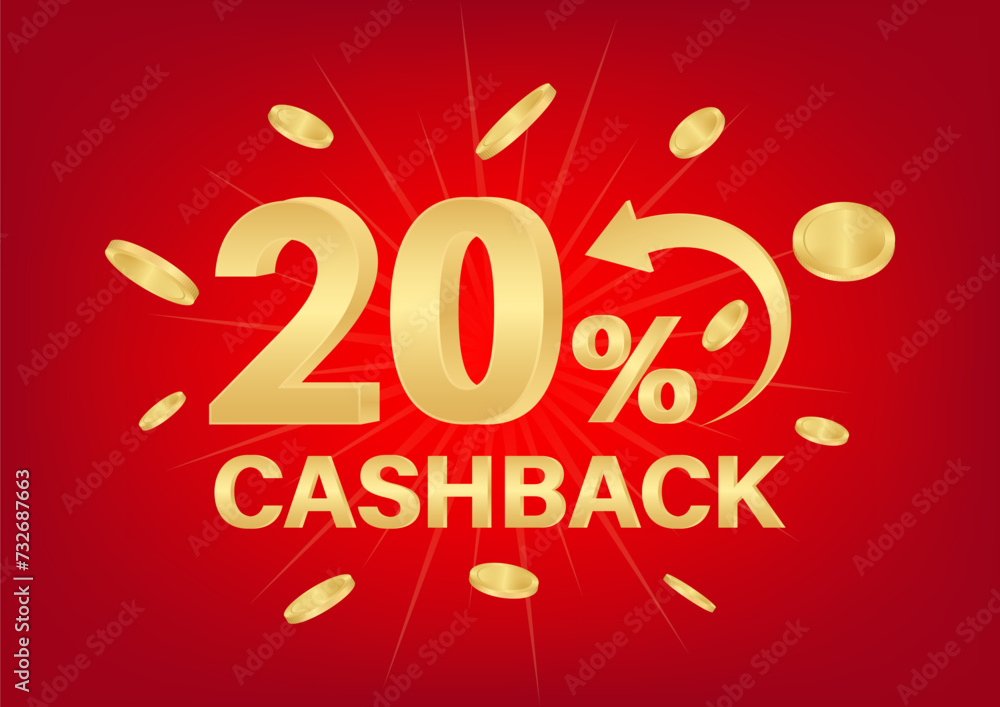 Cash Back or Money Refund. 20% Cash Back Offer for Discount. Online Shopping Concept. Vector Illustration. 