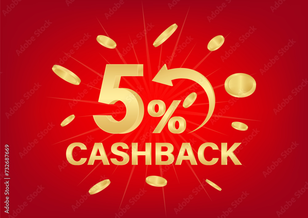 Cash Back or Money Refund. 5% Cash Back Offer for Discount. Online Shopping Concept. Vector Illustration. 