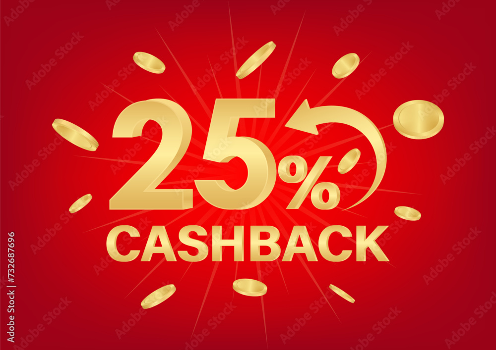 Cash Back or Money Refund. 25% Cash Back Offer for Discount. Online Shopping Concept. Vector Illustration. 