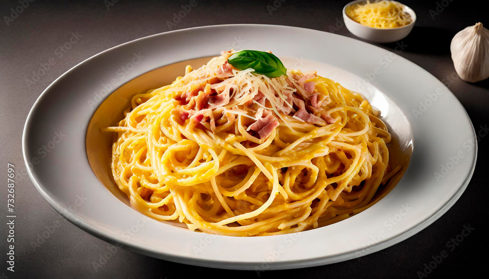 A plate of spaghetti carbonara seen from the side. World day dedicated to the workhorse of beloved Italian cuisine. Made in Italy. Ingredients: bacon, egg yolk, pecorino romano DOP and spaghetti. A plate of spaghetti carbonara seen from the side. World day dedicated to the workhorse of beloved Italian cuisine. Made in Italy. Ingredients: bacon, egg yolk, pecorino romano DOP and spaghetti.