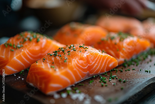 Preparing raw salmon for cooking
