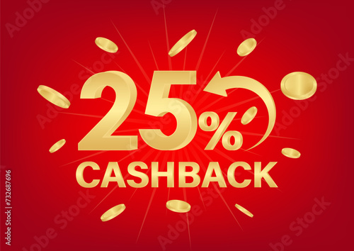 Cash Back or Money Refund. 25% Cash Back Offer for Discount. Online Shopping Concept. Vector Illustration. 