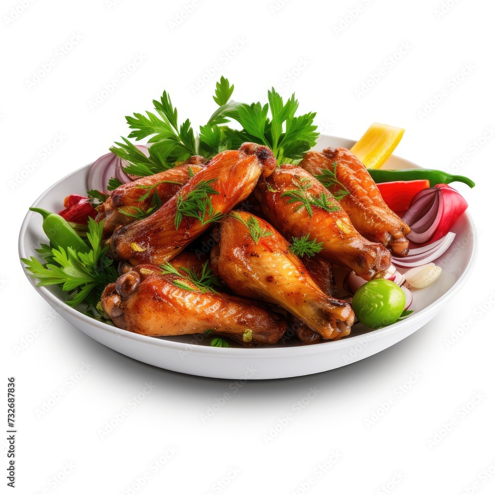 Chicken wings and vegetables with parsley isolated on white background