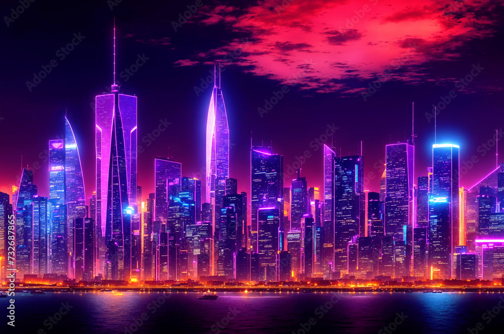 a city skyline at dusk with a purple and orange sky. The city is lit up with colorful lights on the tall buildings. In the distance, there is a body of water. ai generative