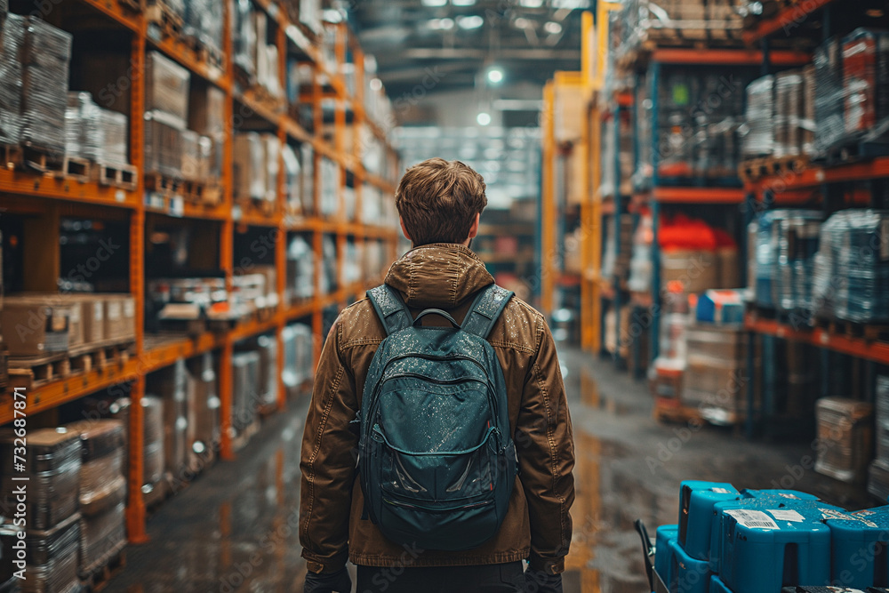 A worker stands in a warehouse.