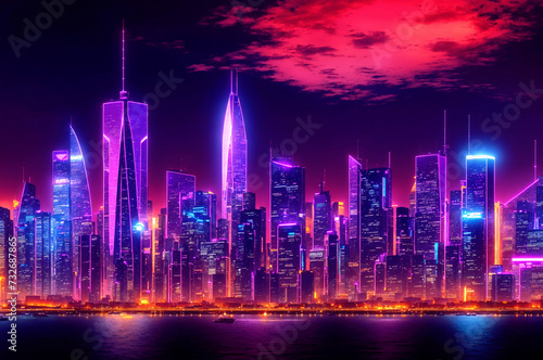 a city skyline at dusk with a purple and orange sky. The city is lit up with colorful lights on the tall buildings. In the distance, there is a body of water. ai generative © Big