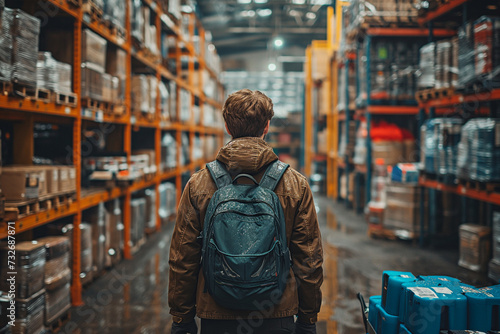 A worker stands in a warehouse.