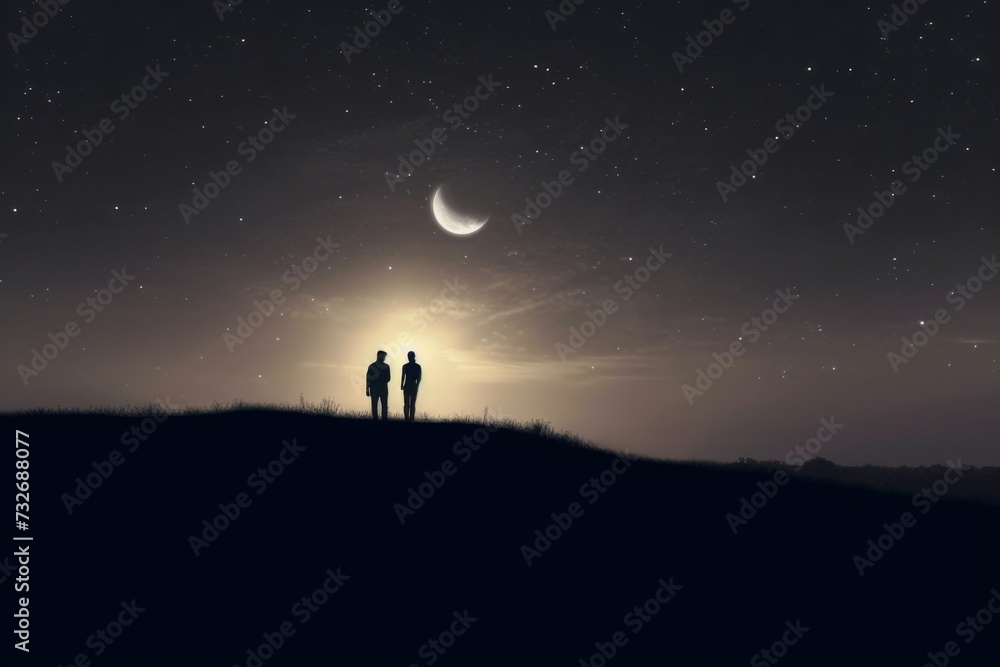 the moon in starry skies with people