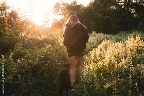 a black labrador retriever type mixed breed dog walking with a young woman among dense flowers at sunset photo