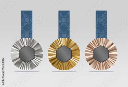 Vector illustration, Set of championship medals, gold, silver and bronze. medal with triangular ribbon pattern design