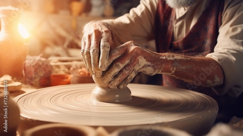 the man is spinning clay pots on the potter's wheel photo