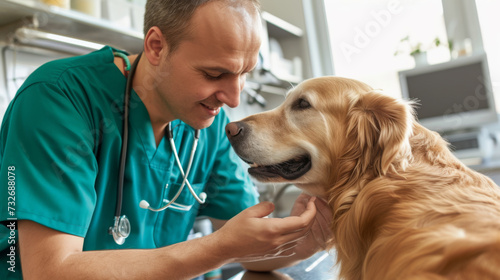 smiling veterinary professional in blue scrubs gently examining a happy golden retriever in a clinical setting.