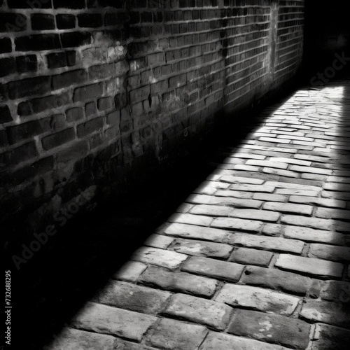 brick wall in front with a shadow and sunlight, black and white photo