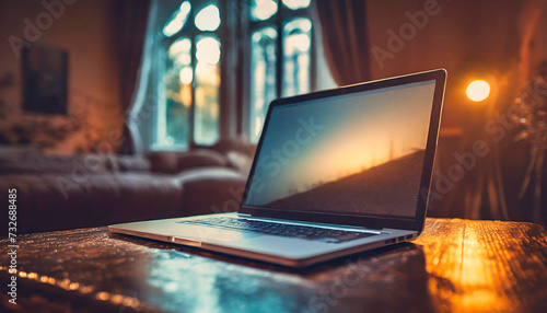 Laptop on a wooden table in an empty room with a strange mystical light. Importance of protecting our digital lives with strong passwords. Identity theft. World Password Day. photo