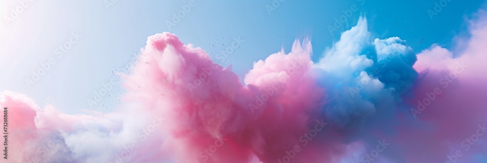 Pink clouds on blue background. Festival of the color, Phagwah, Holi. Happy holiday concept. Creative design for banner, header
