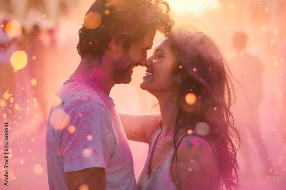 Couple kissing at Holi festival. Festival of the color, Phagwah. Happy holiday concept. Design for banner, header with copy space Couple kissing at Holi festival. Festival of the color, Phagwah. Happy holiday concept. Design for banner, header with copy space