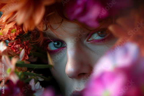 Intimate portrait of a person with striking eye makeup surrounded by colorful flowers. Great for use in beauty and fashion magazines  makeup tutorials  or floral design workshops.
