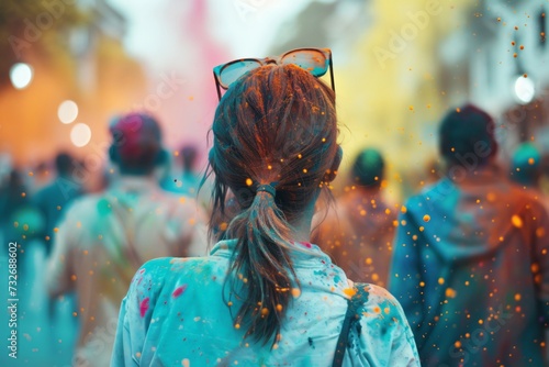 Woman at Holi festival with colorful paints. Festival of the color, Phagwah. Happy holiday concept. Creative design for banner, poster 