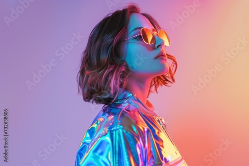 Woman in holographic jacket on pastel background. Future fashion and beauty concept. Iridescent palette. Creative modern concept © dreamdes