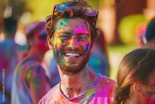 Man in sunglasses at Holi festival with colorful paints. Festival of the color, Phagwah. Happy holiday concept. Creative design for banner, poster 