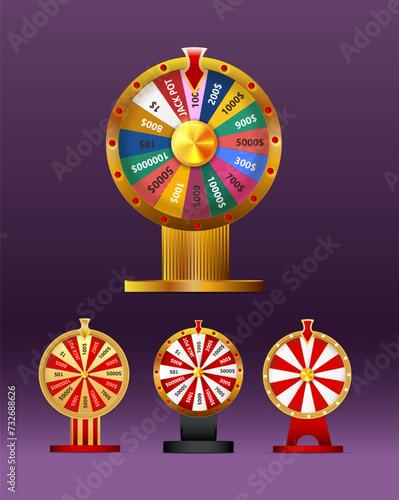 Fortune wheel vector set illustration for gambling background and lottery win concept. Wheel fortune for game and win jackpot.