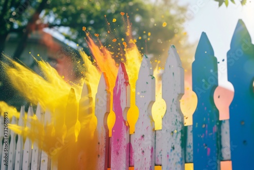 Fence with colorful smoke. Festival of the color, Phagwah, Holi. Happy holiday concept. Design for banner, header with copy space