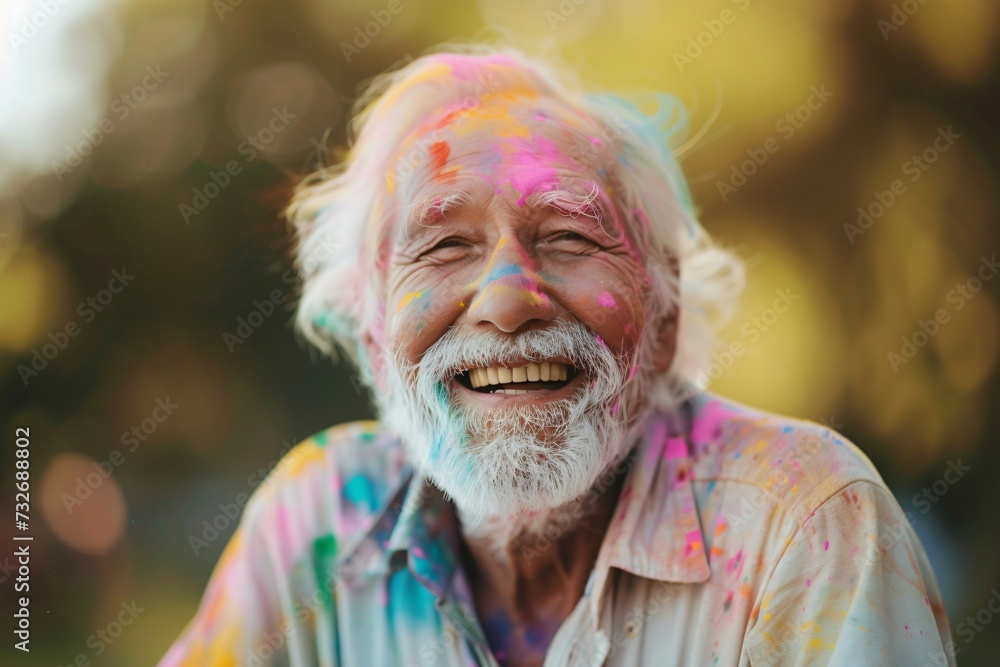 Elderly man with painted face at the Holi festival. Festival of the color, Phagwah. Happy holiday concept. Design for banner, poster