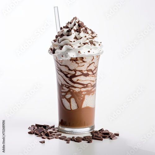 Chocolate milkshake topped with whipped cream isolated on white background