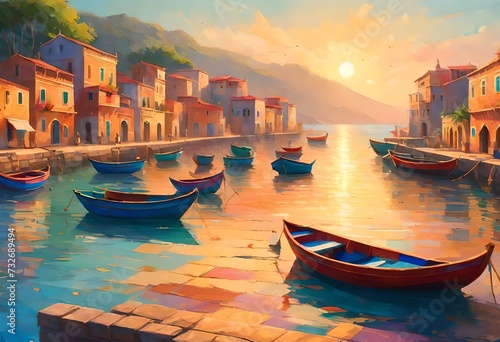 nature  landscape beautiful sunset view of boats Generated with AI. © dreak