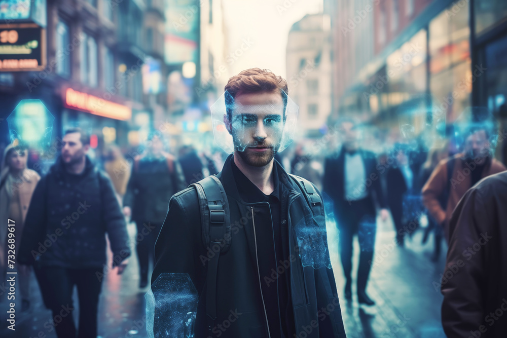 Facial recognition, search and surveillance of person. Man in modern city with holographic biometric scan sign on his face Facial recognition, search and surveillance of person. Man in modern city with holographic biometric scan sign on his face