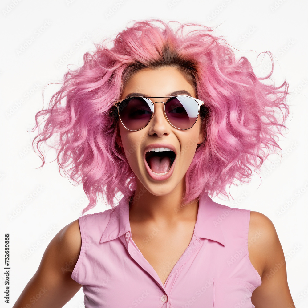Surprise attractive young woman with sunglasses and pink hair portrait isolated on white background 