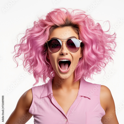 Surprise attractive young woman with sunglasses and pink hair portrait isolated on white background  © Johannes